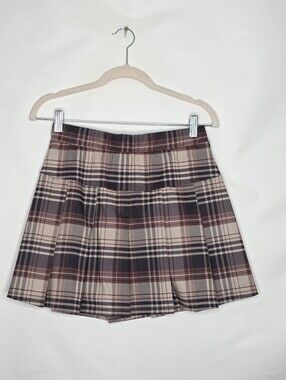 Pleated Plaid Mini Skirt Size M Brown and Tan Academia Preppy Stretch Waist NEW